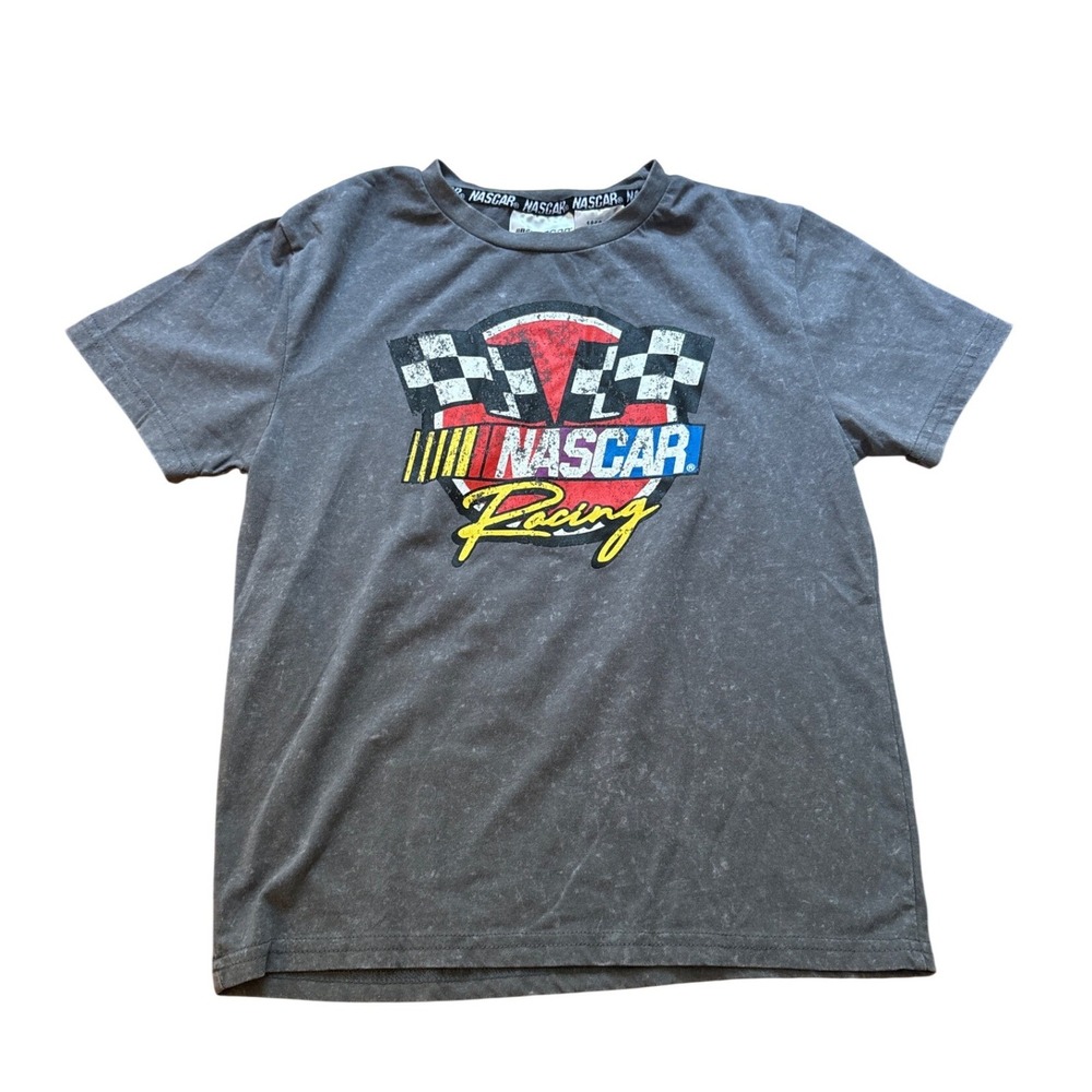 NASCAR Graphic Tee Kids Gray Vintage Style Mineral Wash Racing Shirt SIZE S 7/8